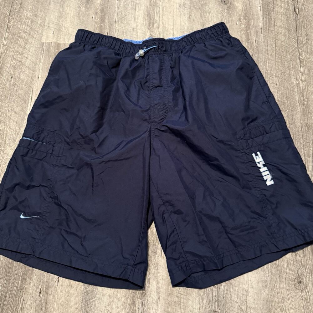 Vintage 90s Nike Swim Trunk Shorts Mens Large Navy Blue Nylon Mesh Lined Cargo